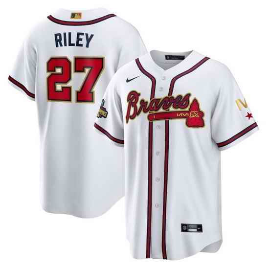 Youth Atlanta Braves #27 Austin Riley 2022 White Gold World Series Champions Program Cool Base Stitched Jersey->youth mlb jersey->Youth Jersey