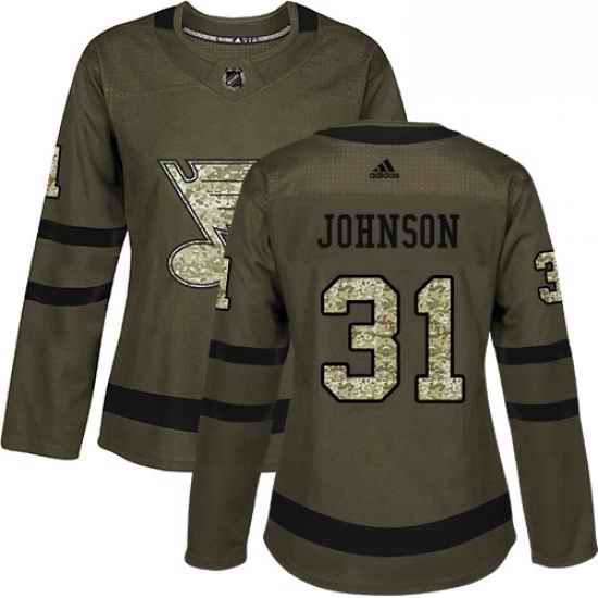 Womens Adidas St Louis Blues #31 Chad Johnson Authentic Green Salute to Service NHL Jersey->women nhl jersey->Women Jersey