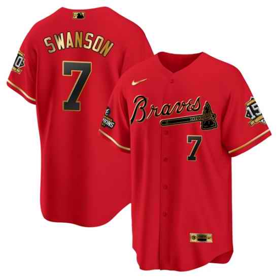 Men Atlanta Braves #7 Dansby Swanson 2021 Red Gold World Series Champions With 150th Anniversary Patch Cool Base Stitched Jersey->atlanta braves->MLB Jersey