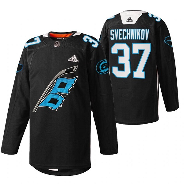 Men's Carolina Hurricanes #37 Andrei Svechnikov 2022 Black Warm-up Stitched Jersey->carolina hurricanes->NHL Jersey