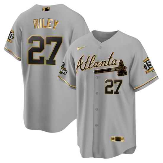 Men Atlanta Braves #27 Austin Riley 2021 Grey Gold World Series Champions With 150th Anniversary Patch Cool Base Stitched Jersey->atlanta braves->MLB Jersey