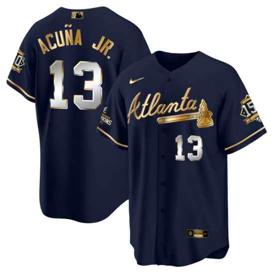 Men Atlanta Braves #13 Ronald Acuna Jr  2021 Navy Gold World Series Champions With 150th Anniversary Patch Cool Base Stitched Jersey->atlanta braves->MLB Jersey