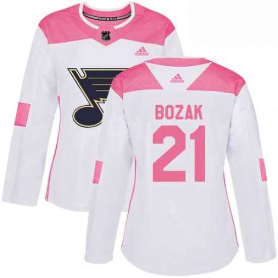 Womens Adidas St Louis Blues #21 Tyler Bozak Authentic White Pink Fashion NHL Jersey->women nhl jersey->Women Jersey