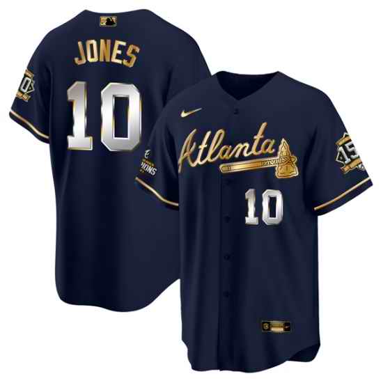 Men Atlanta Braves #10 Chipper Jones 2021 Navy Gold World Series Champions With 150th Anniversary Patch Cool Base Stitched Jersey->atlanta braves->MLB Jersey