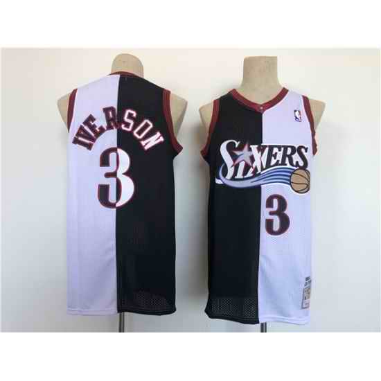 Men Philadelphia 76ers #3 Allen Iverson White Black Splite Throwback Basketball Jersey->houston rockets->NBA Jersey