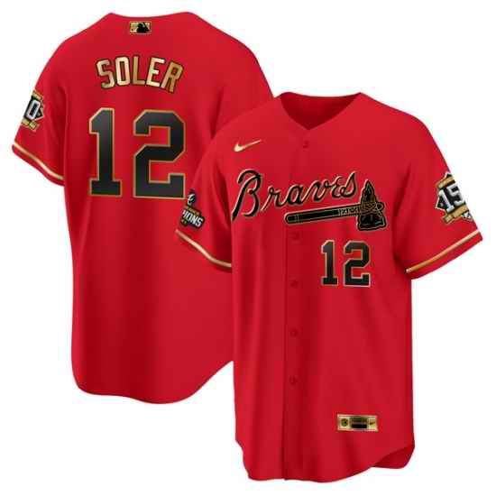 Men Atlanta Braves #12 Jorge Soler 2021 Red Gold World Series Champions With 150th Anniversary Patch Cool Base Stitched Jersey->atlanta braves->MLB Jersey