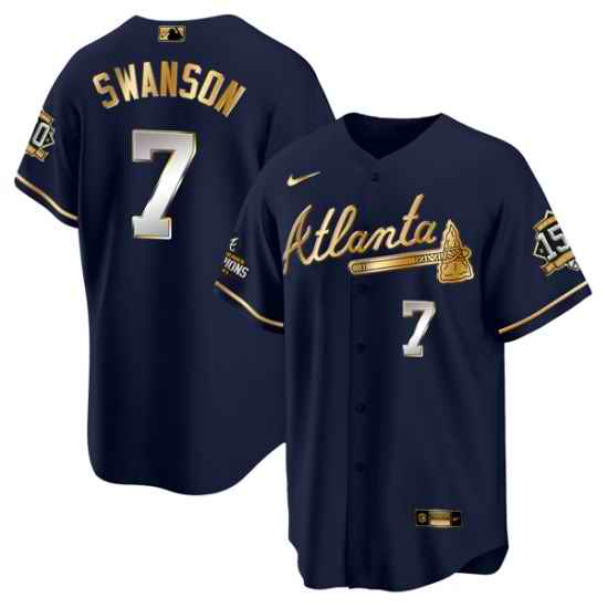 Men Atlanta Braves #7 Dansby Swanson 2021 Navy Gold World Series Champions With 150th Anniversary Patch Cool Base Stitched Jersey->atlanta braves->MLB Jersey