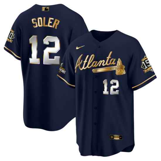 Men Atlanta Braves #12 Jorge Soler 2021 Navy Gold World Series Champions With 150th Anniversary Patch Cool Base Stitched Jersey->atlanta braves->MLB Jersey