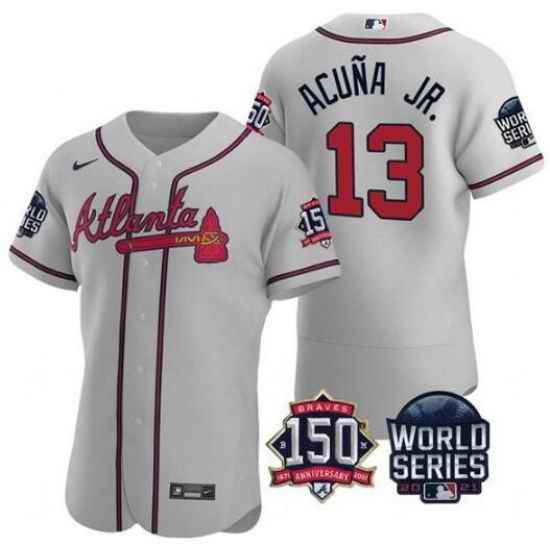 Men Atlanta Braves #13 Ronald Acuna Jr 2021 Grey World Series With 150th Anniversary Patch Stitched Baseball Jersey->2021 world series->MLB Jersey
