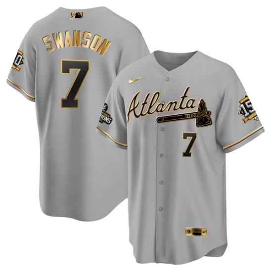Men Atlanta Braves #7 Dansby Swanson 2021 Grey Gold World Series Champions With 150th Anniversary Patch Cool Base Stitched Jersey->atlanta braves->MLB Jersey