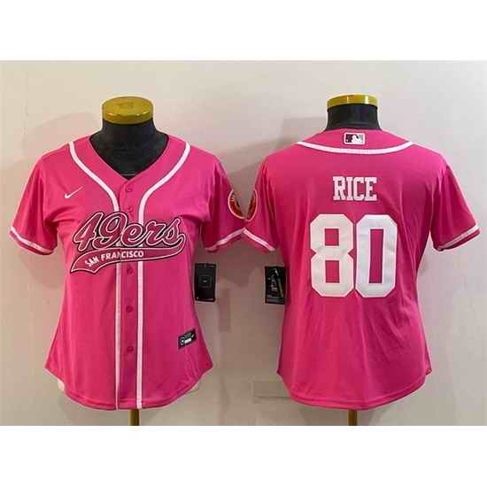 Women San Francisco 49ers #80 Jerry Rice Pink With Patch Cool Base Stitched Baseball Jersey->women nfl jersey->Women Jersey