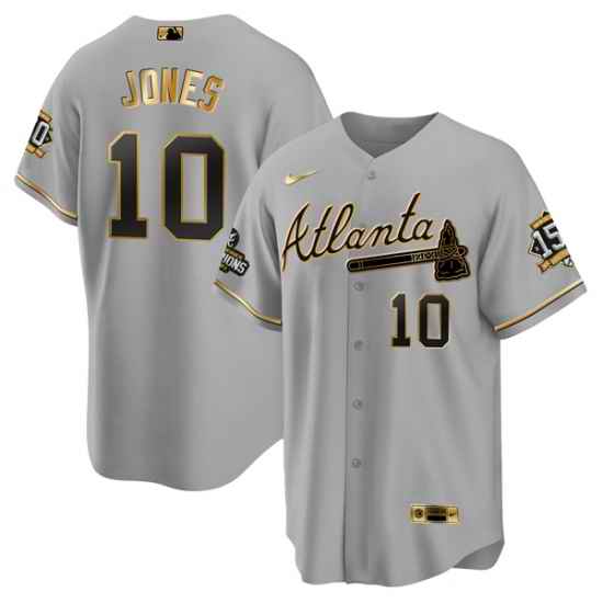 Men Atlanta Braves #10 Chipper Jones 2021 Grey Gold World Series Champions With 150th Anniversary Patch Cool Base Stitched Jersey->atlanta braves->MLB Jersey