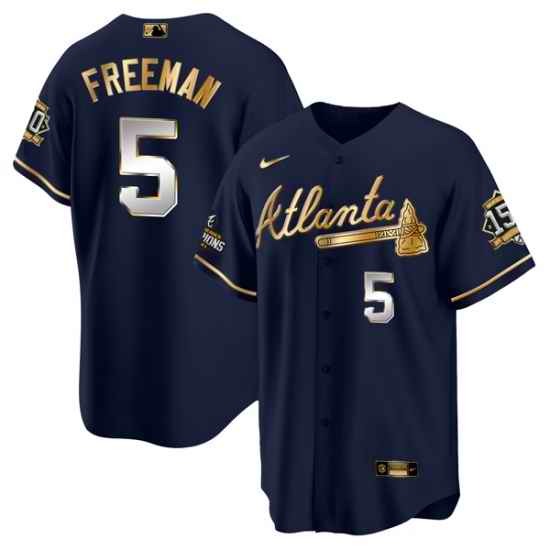 Men Atlanta Braves #5 Freddie Freeman 2021 Navy Gold World Series Champions With 150th Anniversary Patch Cool Base Stitched Jersey->atlanta braves->MLB Jersey