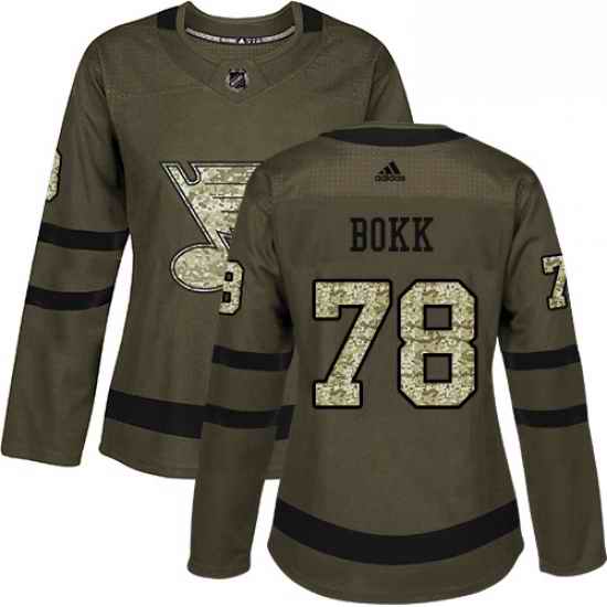 Womens Adidas St Louis Blues #78 Dominik Bokk Authentic Green Salute to Service NHL Jersey->women nhl jersey->Women Jersey
