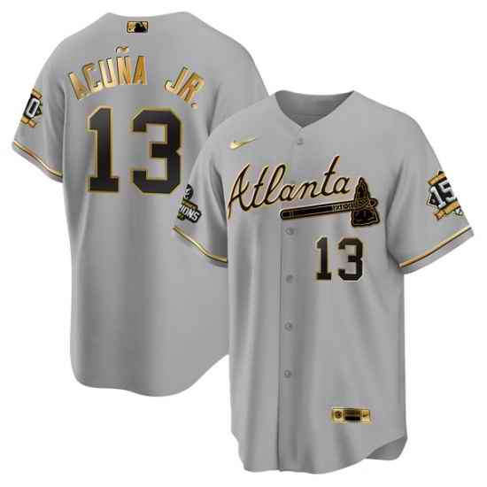 Men Atlanta Braves #13 Ronald Acuna Jr  2021 Grey Gold World Series Champions With 150th Anniversary Patch Cool Base Stitched Jersey->atlanta braves->MLB Jersey