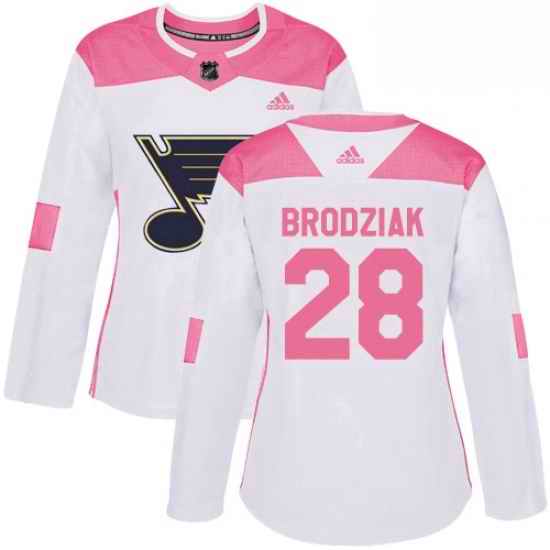 Womens Adidas St Louis Blues #28 Kyle Brodziak Authentic WhitePink Fashion NHL Jersey->women nhl jersey->Women Jersey