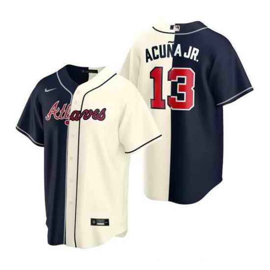 Men Atlanta Braves #13 Ronald Acuna Jr Navy Cream Split Cool Base Stitched Baseball Jersey->houston astros->MLB Jersey