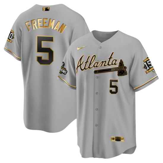 Men Atlanta Braves #5 Freddie Freeman 2021 Grey Gold World Series Champions With 150th Anniversary Patch Cool Base Stitched Jersey->atlanta braves->MLB Jersey