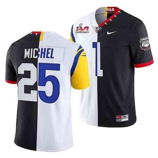 Men Los Angeles Rams X Georgia Bulldogs #25 Sony Michel Black White Split Super Bowl LVI Stitched Jerse->los angeles rams->NFL Jersey