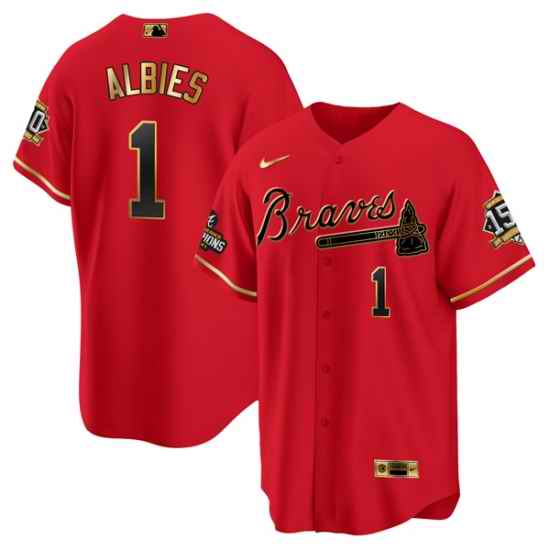 Men Atlanta Braves #1 Ozzie Albies 2021 Red Gold World Series Champions With 150th Anniversary Patch Cool Base Stitched Jersey->atlanta braves->MLB Jersey