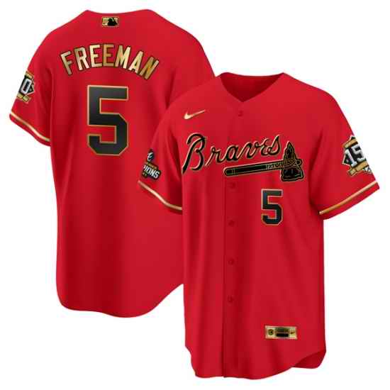 Men Atlanta Braves #5 Freddie Freeman 2021 Red Gold World Series Champions With 150th Anniversary Patch Cool Base Stitched Jersey->atlanta braves->MLB Jersey