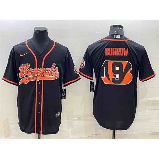 Men Cincinnati Bengals #9 Joe Burrow Black Team Big Logo With Patch Cool Base Stitched Baseball Jersey->cleveland browns->NFL Jersey