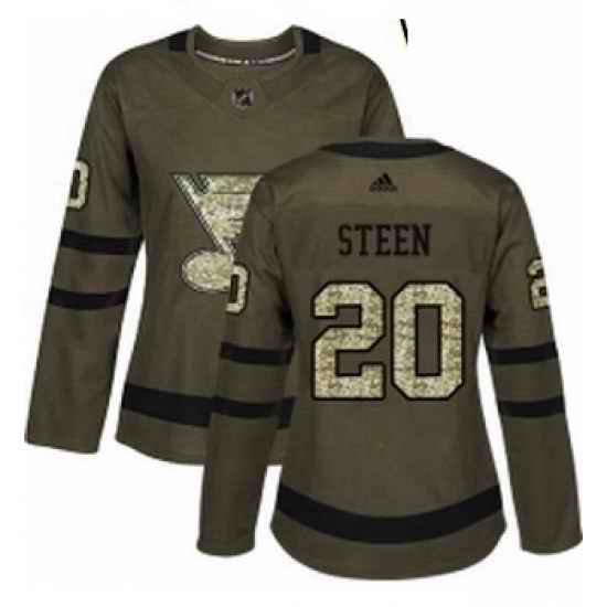 Womens Adidas St Louis Blues #20 Alexander Steen Authentic Green Salute to Service NHL Jersey->women nhl jersey->Women Jersey