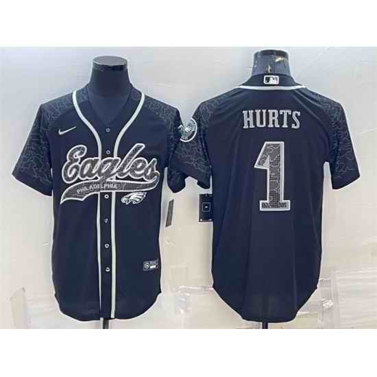 Men Philadelphia Eagles #1 Jalen Hurts Black Reflective With Patch Cool Base Stitched Baseball Jersey->new york jets->NFL Jersey