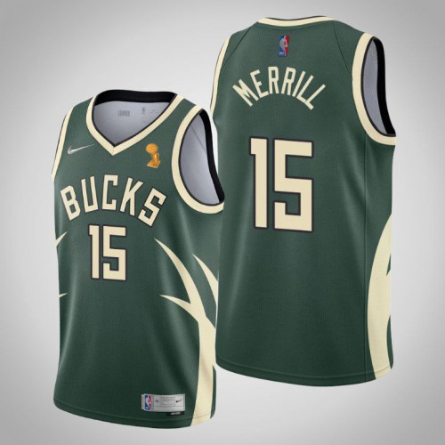 Nike Milwaukee Bucks #15 Sam Merrill Youth 2021 NBA Finals Champions Swingman Earned Edition Jersey Green Youth->youth nba jersey->Youth Jersey