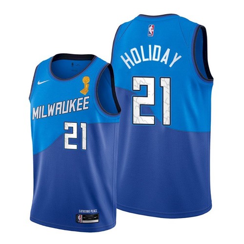 Nike Milwaukee Bucks #21 Jrue Holiday Youth 2021 NBA Finals Champions City Edition Jersey Blue Youth->youth nba jersey->Youth Jersey