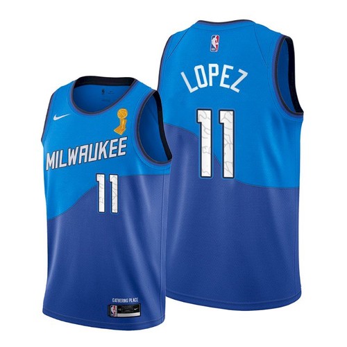 Nike Milwaukee Bucks #11 Brook Lopez Youth 2021 NBA Finals Champions City Edition Jersey Blue Youth->youth nba jersey->Youth Jersey