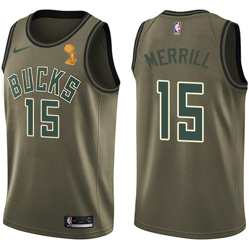 Nike Milwaukee Bucks #15 Sam Merrill Youth 2021 NBA Finals Champions Swingman Salute to Service Jersey Green Youth->youth nba jersey->Youth Jersey