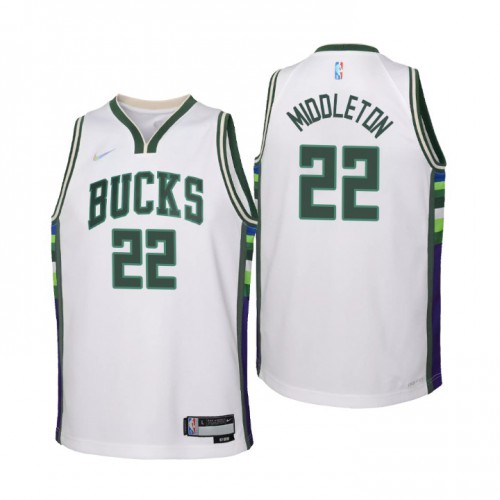 Milwaukee Milwaukee Bucks #22 Khris Middleton Youth Nike White 2021/22 Swingman Jersey – City Edition Youth->youth nba jersey->Youth Jersey