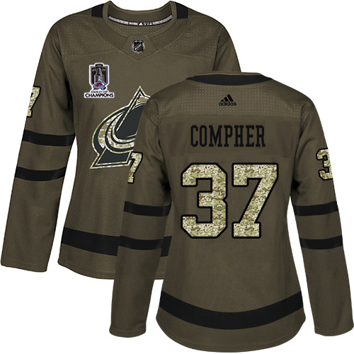 Adidas Colorado Avalanche #37 J.T. Compher Green Women’s 2022 Stanley Cup Champions Salute To Service Stitched NHL Jersey Womens->colorado avalanche->NHL Jersey