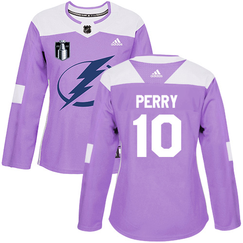 Adidas Tampa Bay Lightning #10 Corey Perry Purple Women’s Authentic 2022 Stanley Cup Final Patch Fights Cancer Stitched NHL Jersey Womens->youth nhl jersey->Youth Jersey