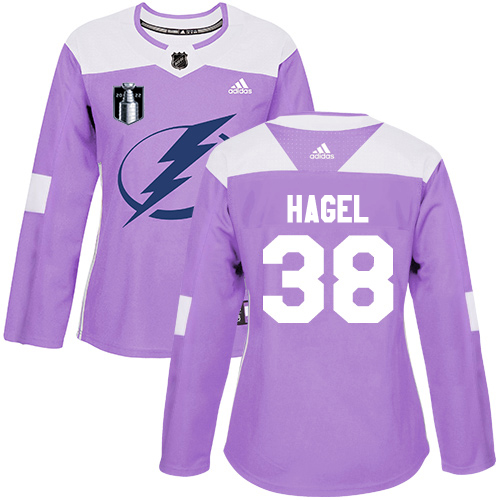 Adidas Tampa Bay Lightning #38 Brandon Hagel Purple Women’s Authentic 2022 Stanley Cup Final Patch Fights Cancer Stitched NHL Jersey Womens->youth nhl jersey->Youth Jersey