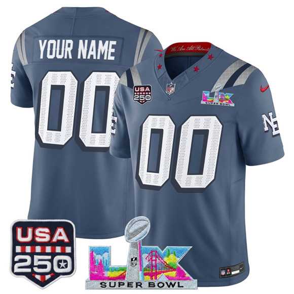 Mens New England Patriots Active Player Custom Storm Blue 2025 F.U.S.E. Super Bowl LX & USA 250 Patch Rivalries Vapor Limited Stitched Jersey->customized nfl jersey->Custom Jersey