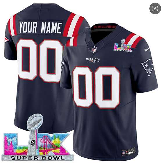 Mens New England Patriots Active Player Custom Navy 2025 F.U.S.E. Super Bowl LX Patch Vapor Limited Stitched Jersey->customized nfl jersey->Custom Jersey
