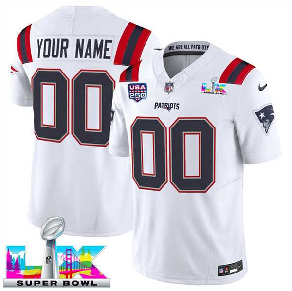 Mens New England Patriots Active Player Custom White 2025 F.U.S.E. Super Bowl LX & USA 250 Patch Vapor Limited Stitched Jersey->customized nfl jersey->Custom Jersey