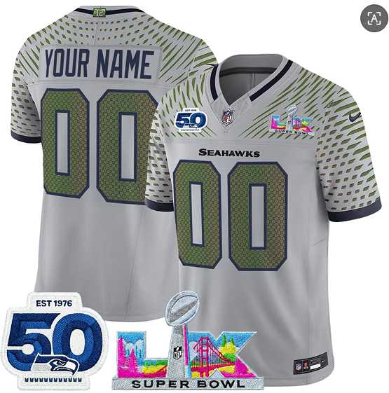 Mens Seattle Seahawks Active Player Custom Gray 2025 F.U.S.E. Super Bowl LX Patch And 50th Season Patch Rivalries Vapor Limited Stitched Jersey->customized nfl jersey->Custom Jersey