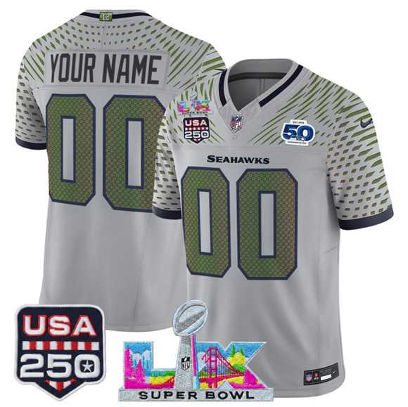Mens Seattle Seahawks Active Player Custom Gray 2025 F.U.S.E. Super Bowl LX & US 250th anniversary Patch And 50th Season Patch Rivalries Vapor Limited Stitched Jersey->customized nfl jersey->Custom Jersey