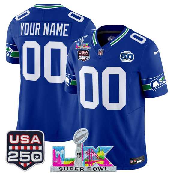 Mens Seattle Seahawks Active Player Custom Royal 2025 F.U.S.E. Super Bowl LX & US 250th anniversary Patch And 50th Season Patch Vapor Throwback Limited Stitched Jersey->customized nfl jersey->Custom Jersey