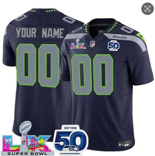 Mens Seattle Seahawks Active Player Custom Navy 2025 F.U.S.E. Super Bowl LX Patch And 50th Season Patch Vapor Limited Stitched Jersey->customized nfl jersey->Custom Jersey
