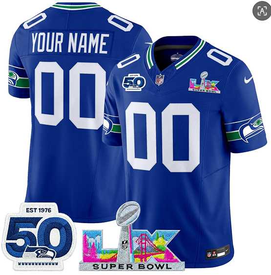 Mens Seattle Seahawks Active Player Custom Royal 2025 F.U.S.E. Super Bowl LX Patch And 50th Season Patch Vapor Throwback Limited Stitched Jersey->customized nfl jersey->Custom Jersey