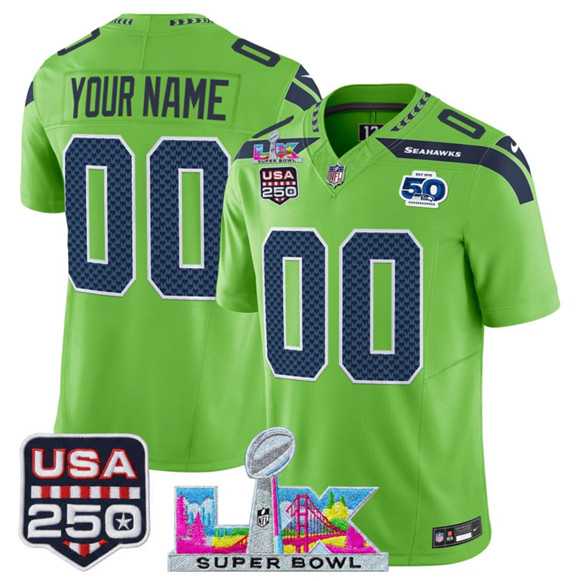 Mens Seattle Seahawks Active Player Custom Green 2025 F.U.S.E. Super Bowl LX & US 250th anniversary Patch And 50th Season Patch Vapor Limited Stitched Jersey->customized nfl jersey->Custom Jersey