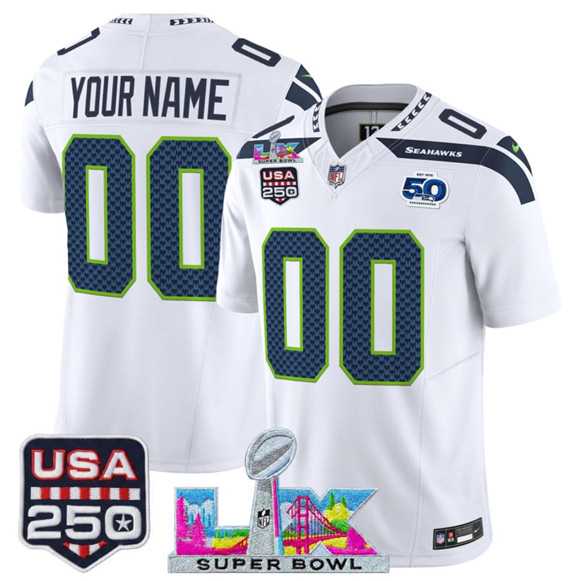 Mens Seattle Seahawks Active Player Custom White 2025 F.U.S.E. Super Bowl LX & US 250th anniversary Patch And 50th Season Patch Vapor Limited Stitched Jersey->customized nfl jersey->Custom Jersey