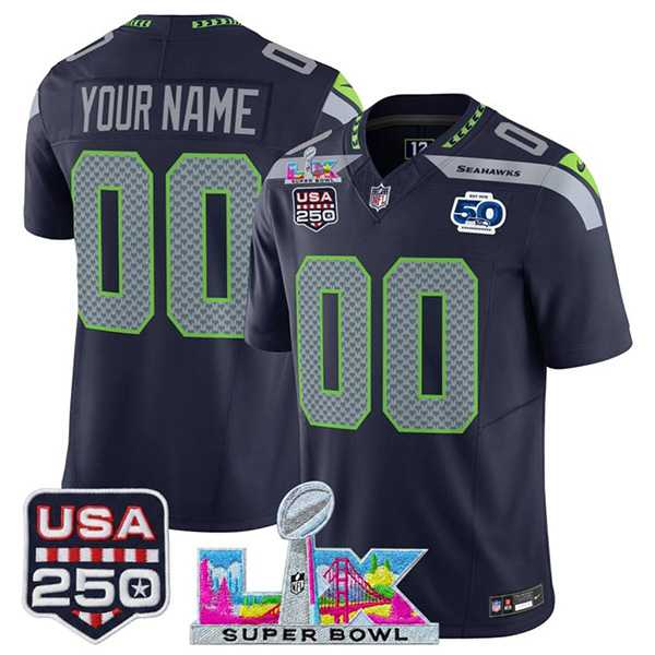Mens Seattle Seahawks Active Player Custom Navy 2025 F.U.S.E. Super Bowl LX Patch 50th Season & USA 250 Patch Vapor Limited Stitched Jersey->customized nfl jersey->Custom Jersey