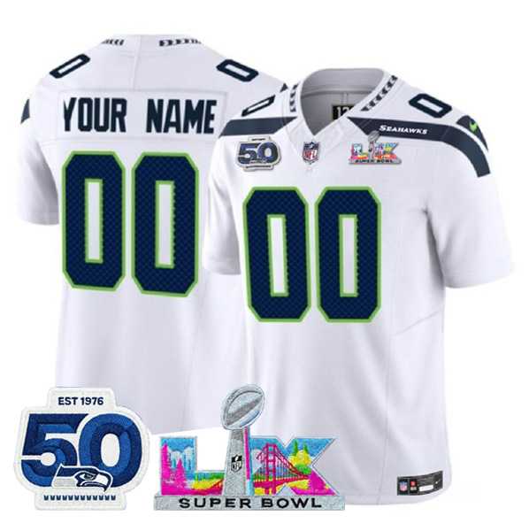 Mens Seattle Seahawks Active Player Custom White 2025 F.U.S.E. Super Bowl LX Patch And 50th Season Patch Vapor Limited Stitched Jersey->customized nfl jersey->Custom Jersey