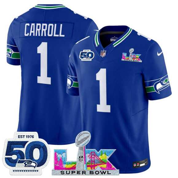 Mens Seattle Seahawks #1 Pete Carroll Royal 2025 F.U.S.E. Super Bowl LX Patch And 50th Season Patch Vapor Throwback Limited Stitched Jersey->seattle seahawks->NFL Jersey