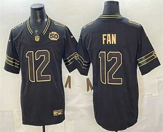 Mens Seattle Seahawks #12 Fan Black Gold 2025 FUSE 50th Season Patch Limited Stitched Jersey->seattle seahawks->NFL Jersey